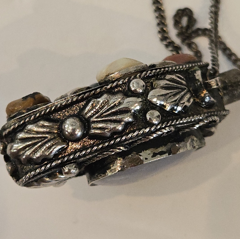 Vintage Snuff Necklace Bottle W/ Spoon Stones On Chain Perfume Unique - Picture 5 of 9